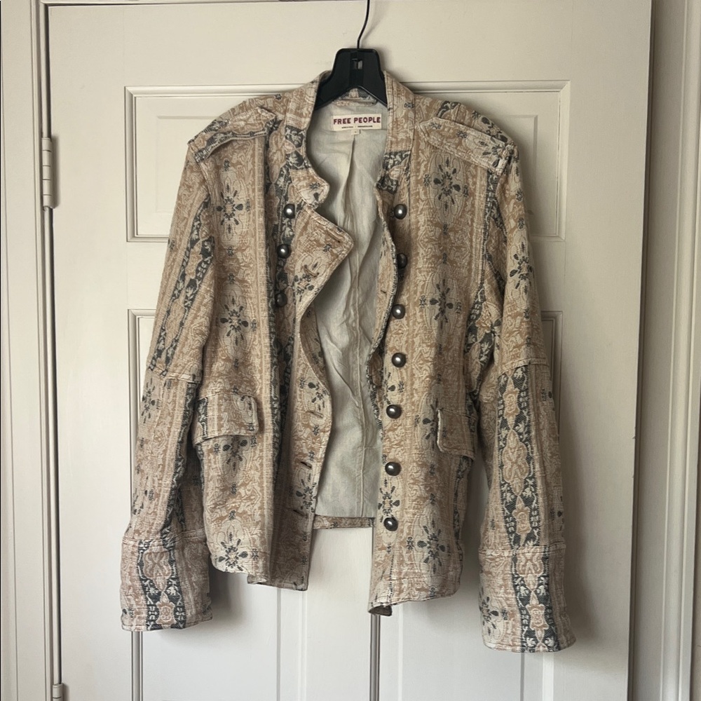 Free People Beige Patterned Utility Jacket with Dark Trim